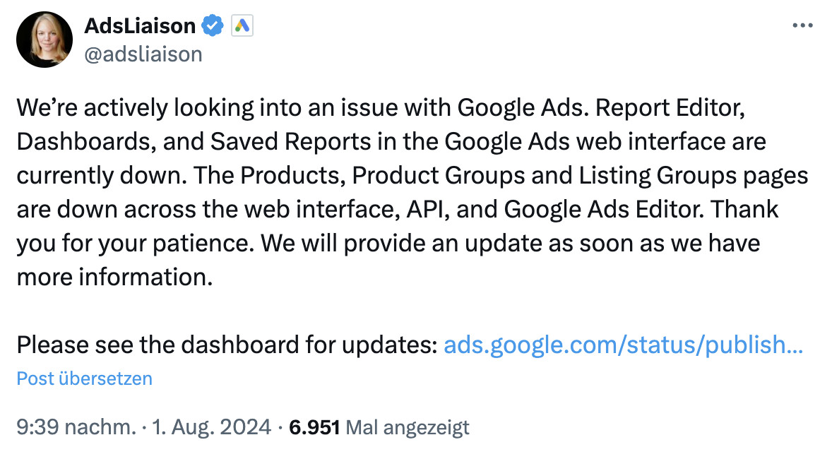 Google Ads Liaison: Probleme mit verschiedenen Diensten in Google Ads - 01-08.24