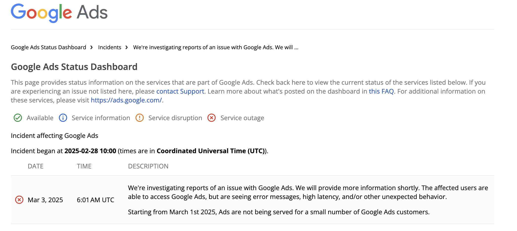 Google Ads Status Dashboard 3.3.25