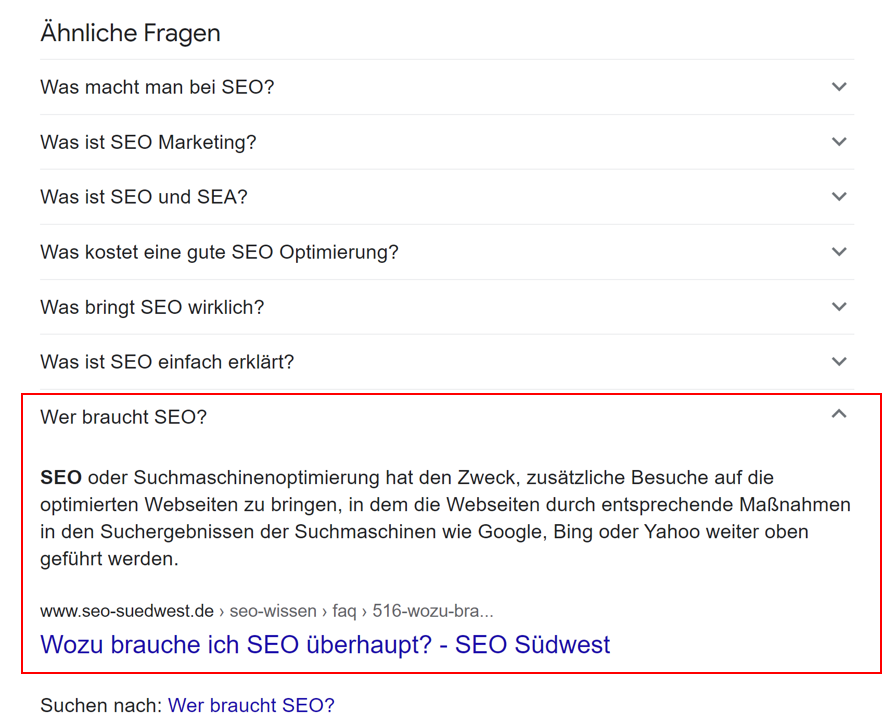 Google: Ähnliche Fragen aufgeklappt (People also ask)