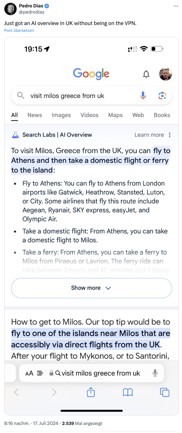 Google AI Overviews außerhalb der USA gesichtet - Pedro Dias auf Twitter