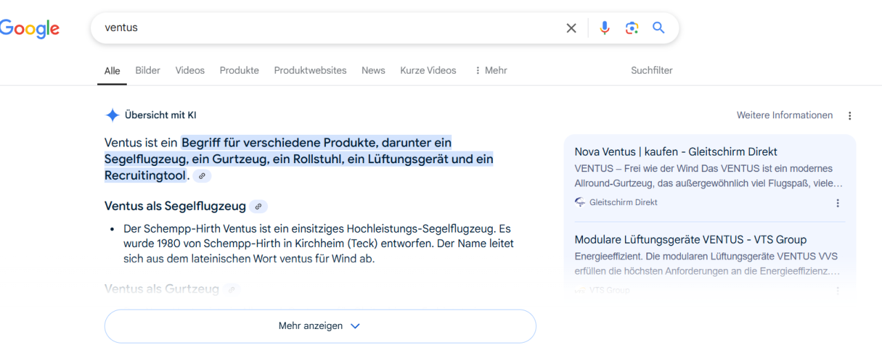 Google AI Overviews: Beispiel von Olaf Kopp auf dem Desktop