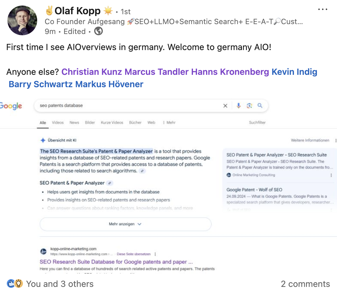 Google AI Overviews auch in Deutschland gesichtet - Olaf Kopp auf LinkedIn