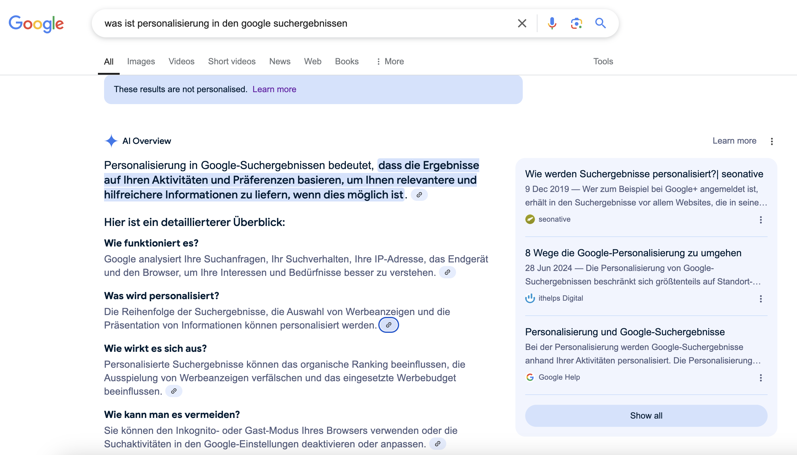 Google AI Overviews: Beispiel ohne Personalisierung