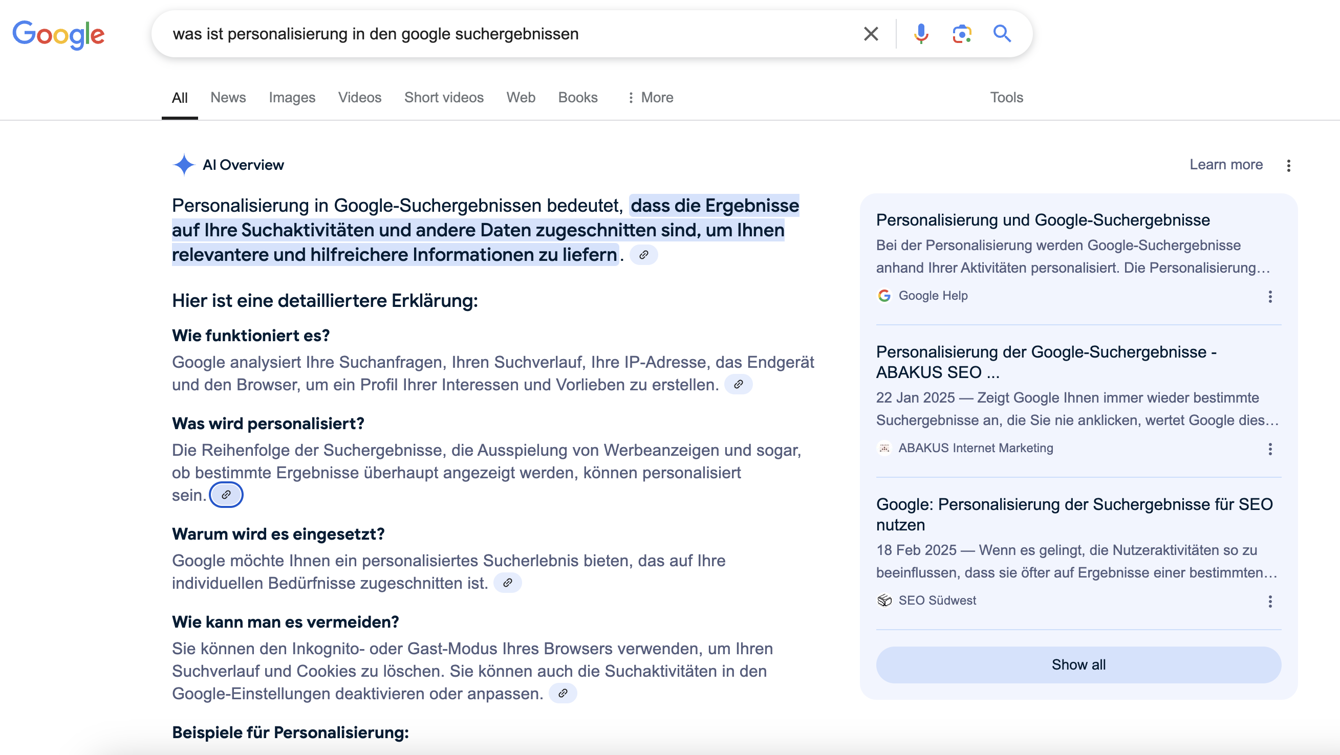 Google AI Overviews: personalisierte Antwort 1
