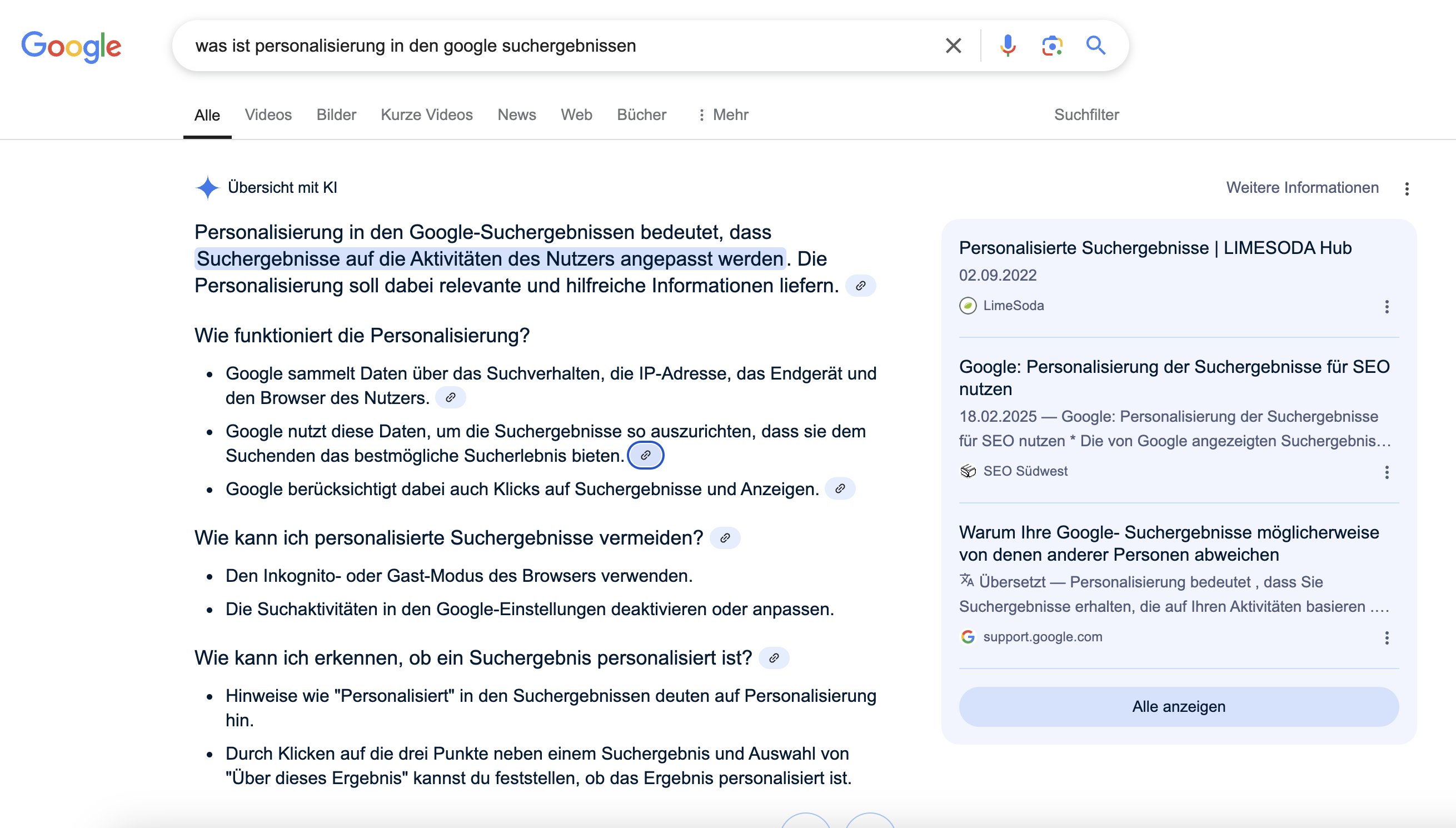 Google AI Overviews mit Personalisierung: Beispiel 2