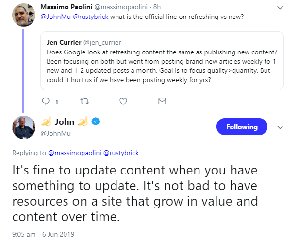 Google: aktualisieren und erweitern bestehender Inhalte ist sinnvoll