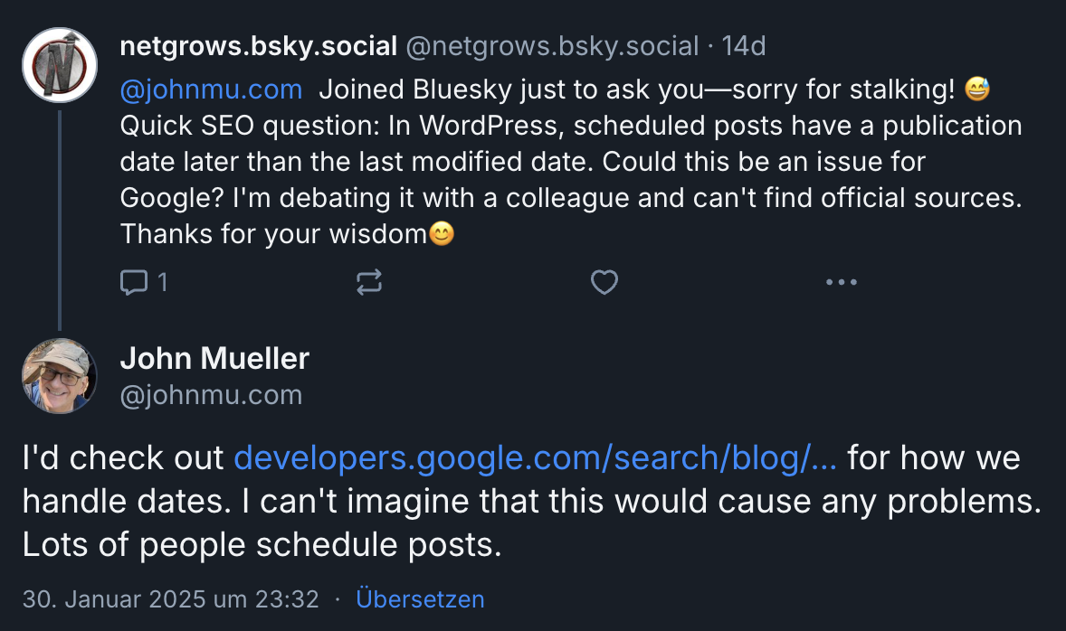 Google: Aktualisierungsdatum vor Veröffentlichungsdatum ist kein Problem