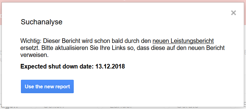 Google: Hinweis in Search Console, dass Bericht zur Suchanalyse zum 13.12. abgeschaltet wird
