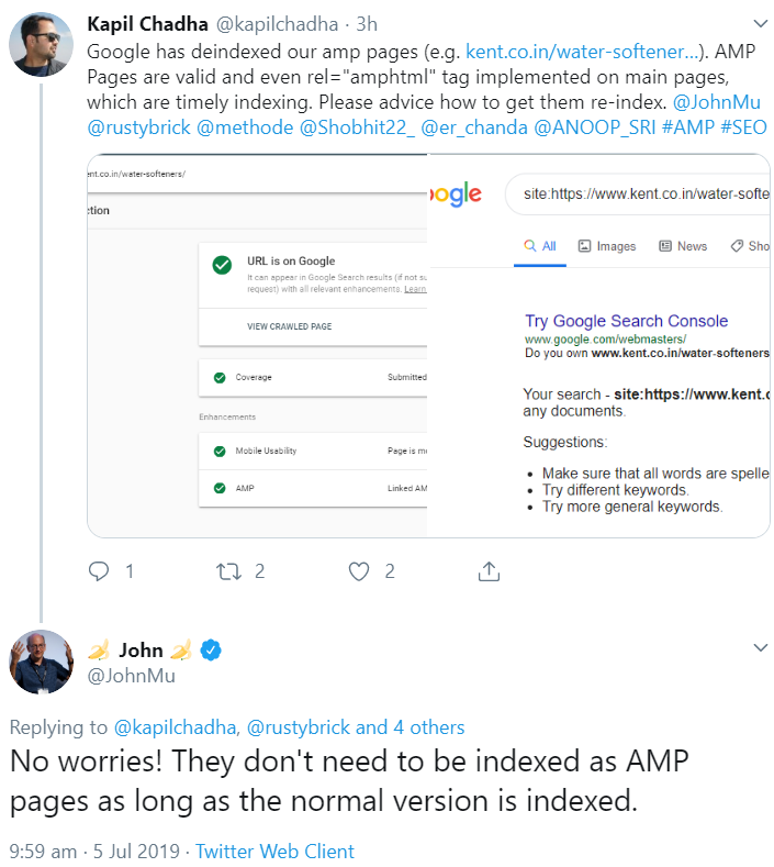 Google: AMP-Version muss nicht indexiert sein, wenn die Standard-HTML-Version indexiert ist