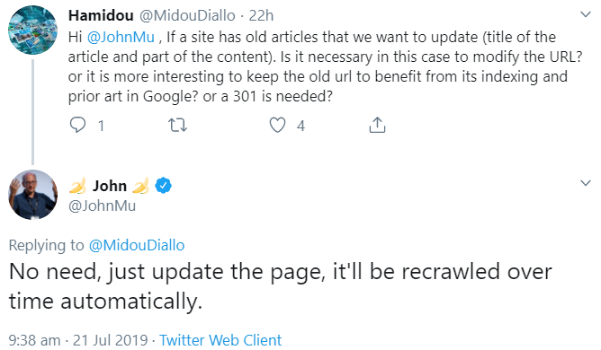 Google: Anpassung URL bei Seitenänderung nicht nötig