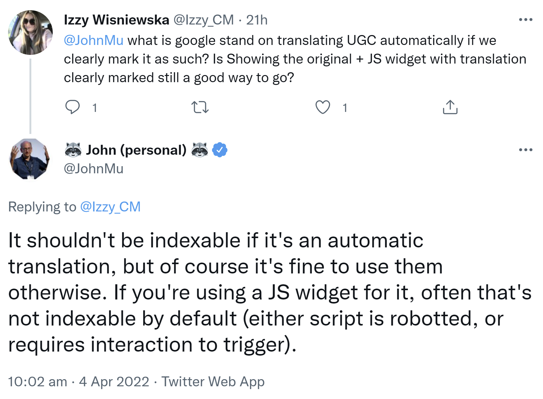 Google: Auch automatisch übersetzter User Generated Content sollte nicht indexierbar sein