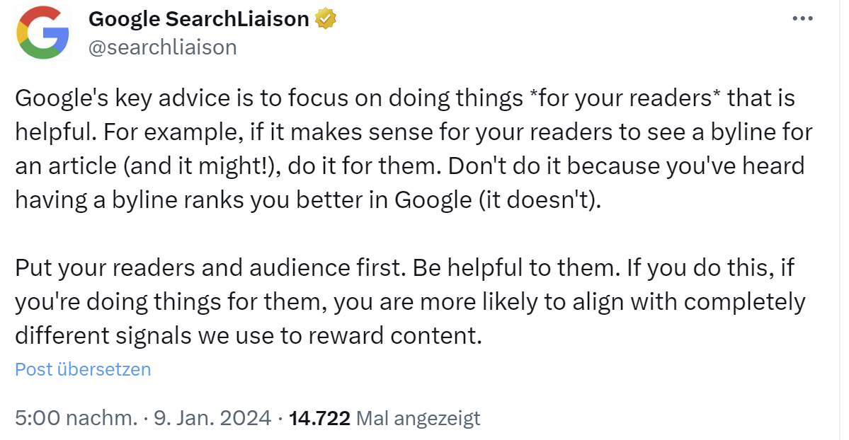 Google: 'Auf die Leser fokussieren'