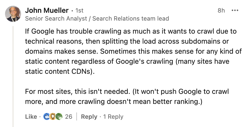Google: Aufteilen der Ressourcen einer Website auf unterschiedliche Domains und Subdomains kann bei technischen Crawl-Problemen helfen