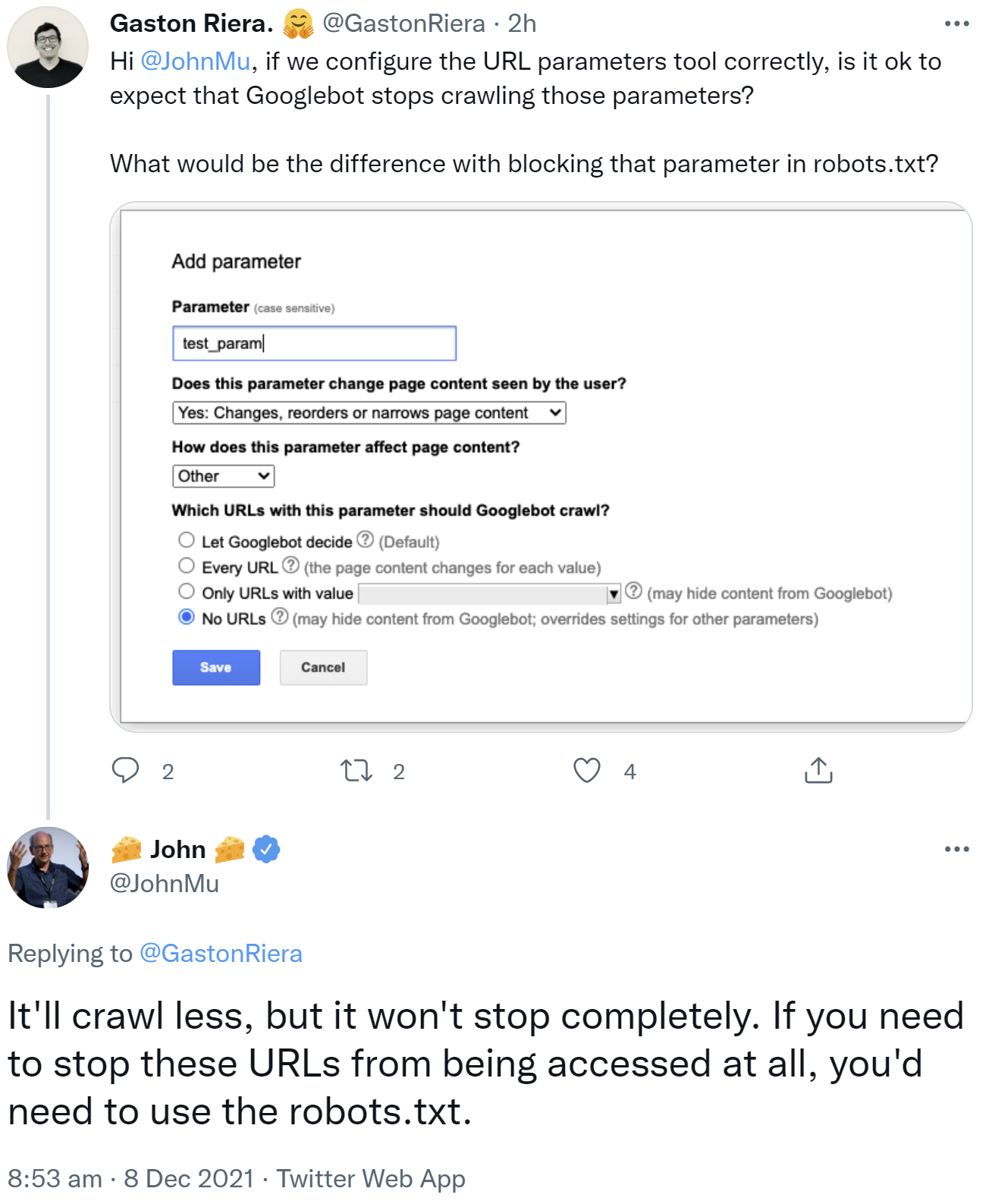 Google: Ausschluss von URLs mit bestimmten Parametern per URL-Parameter-Tool verhindert das Crawlen nicht vollständig