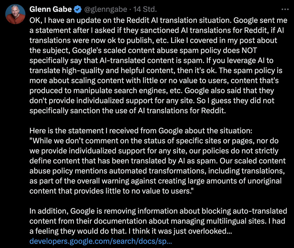 Google: Automatische Übersetzungen sind unter bestimmten Bedingungen ok - Glenn Gabe auf Twitter
