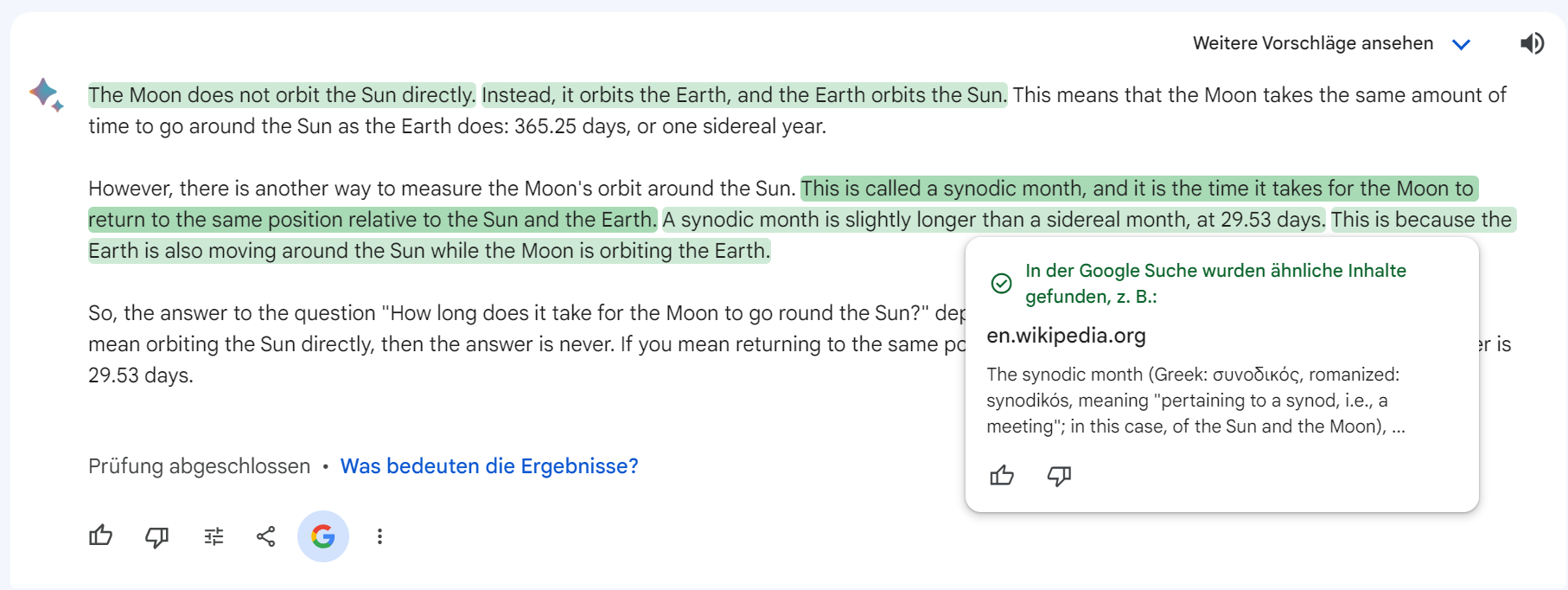 Google Bard: Ergebnis der Prüfung einer Antwort in der Google Suche