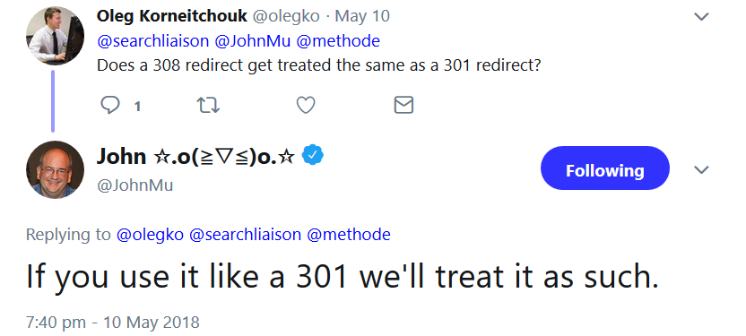 Google behandelt 308- wie 301-Redirects