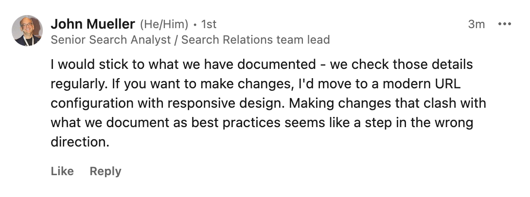 Google: Bei Konfiguration von mobilen URLs und Desktop-URLs weiterhin an Dokumentation halten