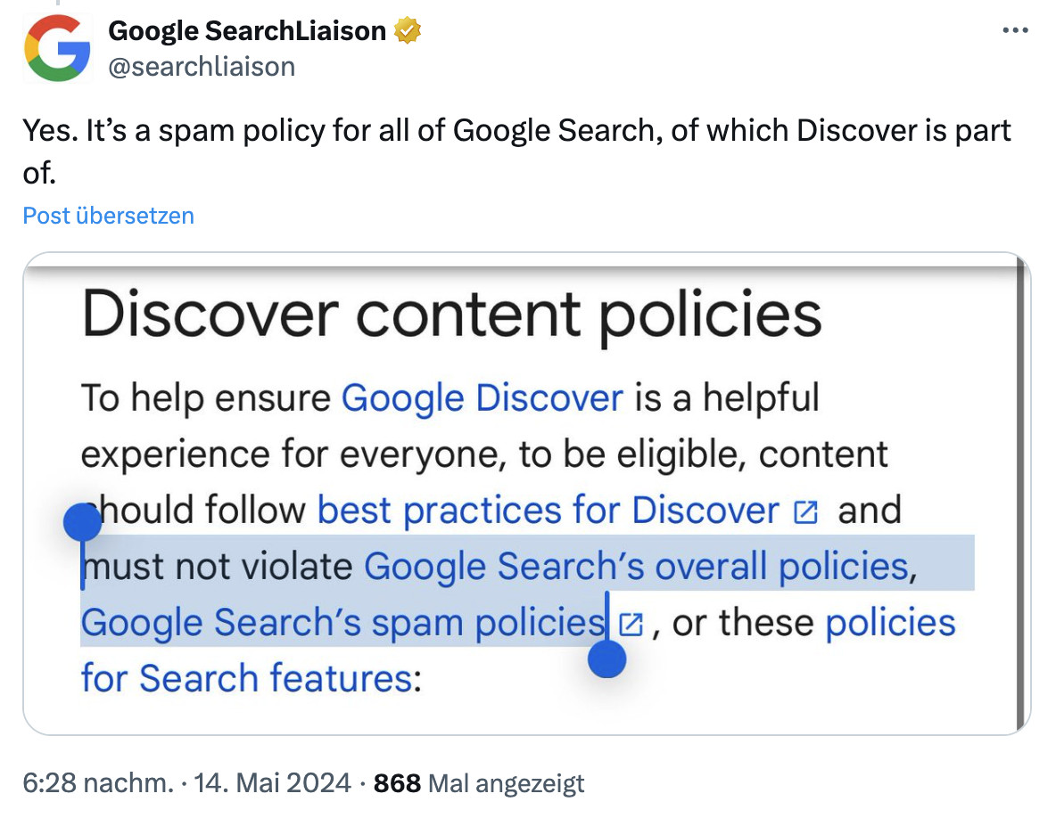 Google: Site Reputation Abuse gilt auch für Discover - Danny Sullivan auf Twitter