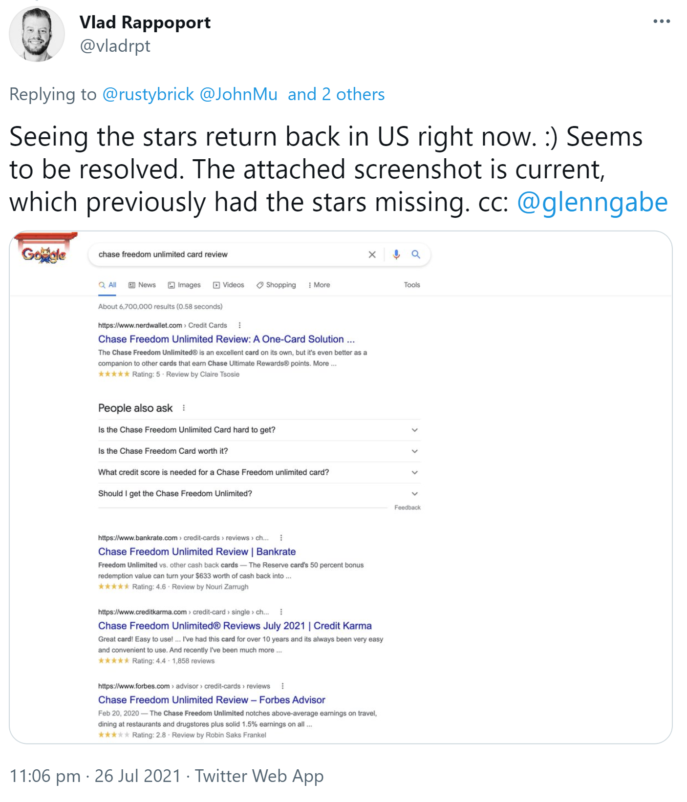 Google: Bewertungssterne kehren offenbar zurück