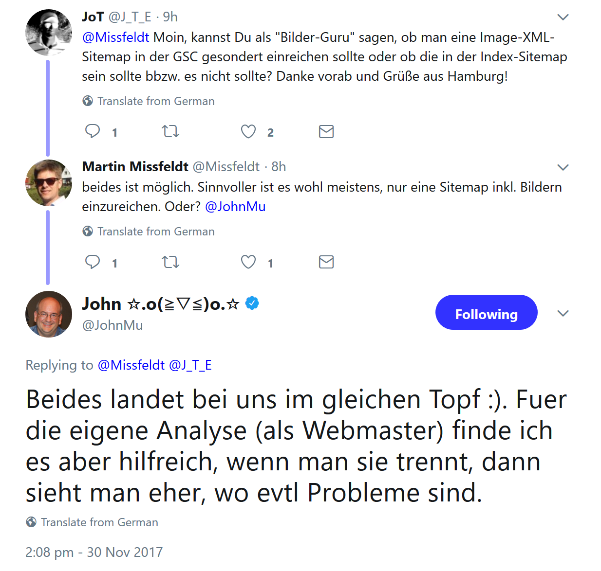 Google: Egal, ob Bilder in eigene Sitemap oder in Gesamt-Sitemap aufgenommen werden