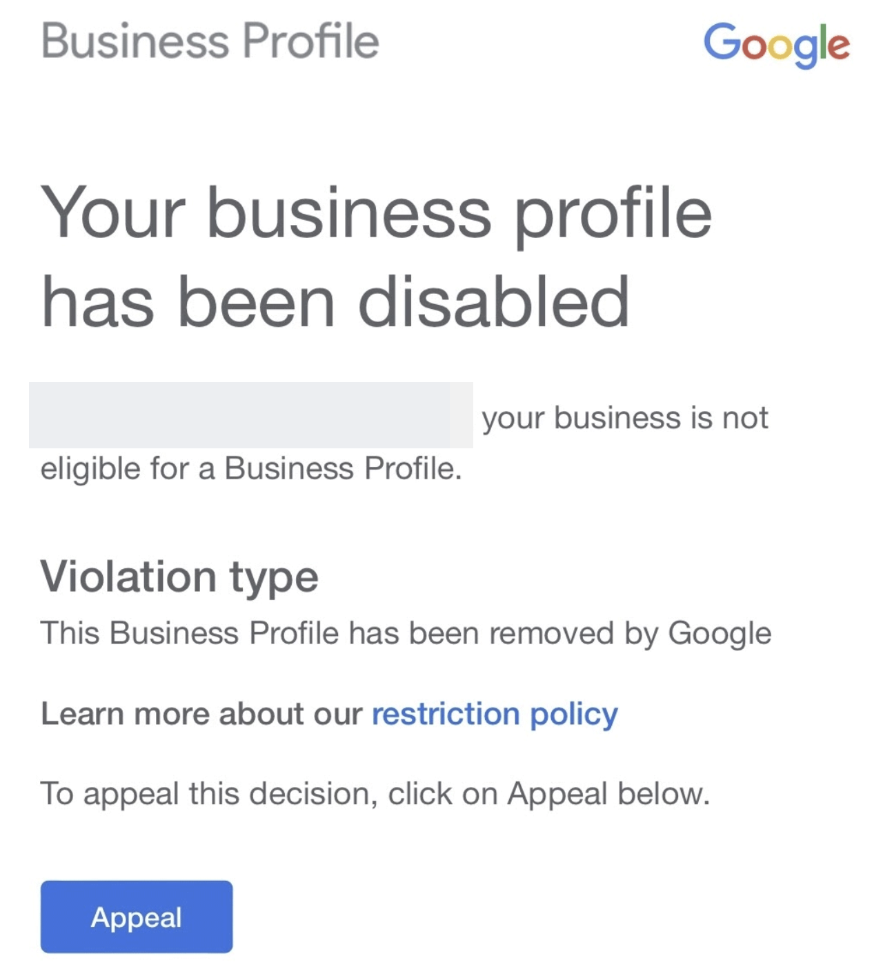 Google Business Profile suspendiert: Benachrichtigung per Mail