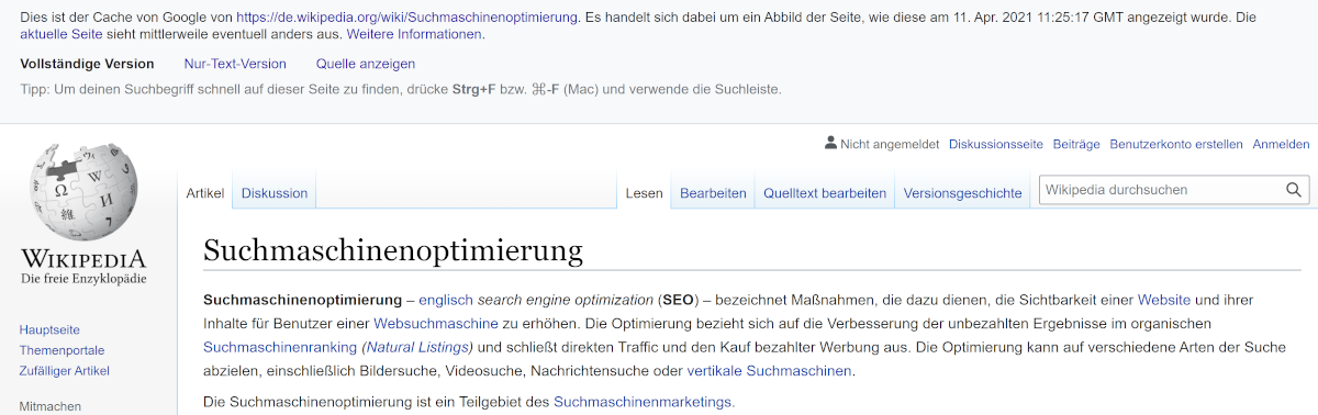 Google: Beispiel für Cache-Version