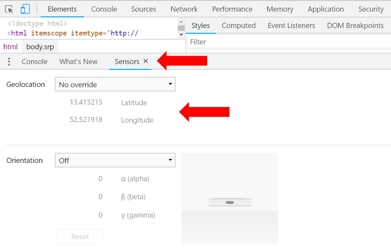Chrome Developer Tools: Sensors