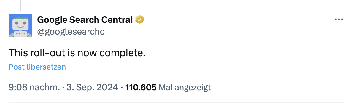 Google Core Update vom August ist abgeschlossen: Google auf Twitter