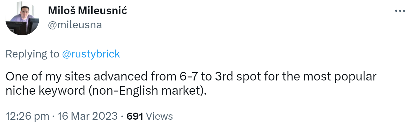 Google Core Update vom März: Beispiel einer betroffenen Website - Miloš Mileusnić auf Twitter