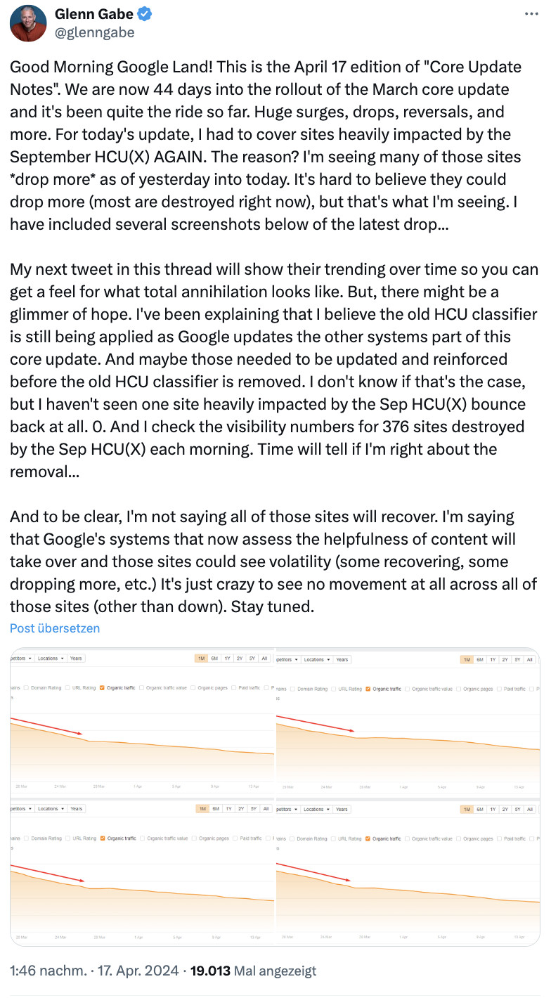 Google Core Update: Verlierer des letzten Helpful Content Updates verlieren weiter - Glenn Gabe auf Twitter