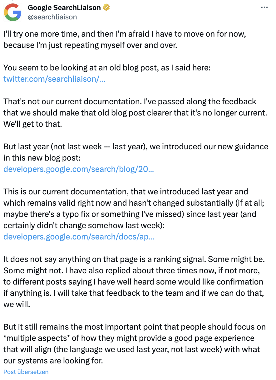 Danny Sullivan von Google versucht sich an einer Klarstellung zur Rolle der Page Experience und der Core Web Vitals für die Rankings