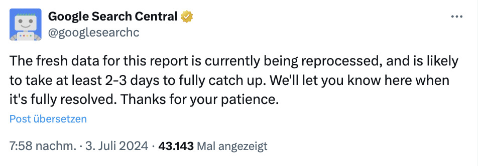 Google: Daten für den Leistungsbericht der GSC werden neu verarbeitet