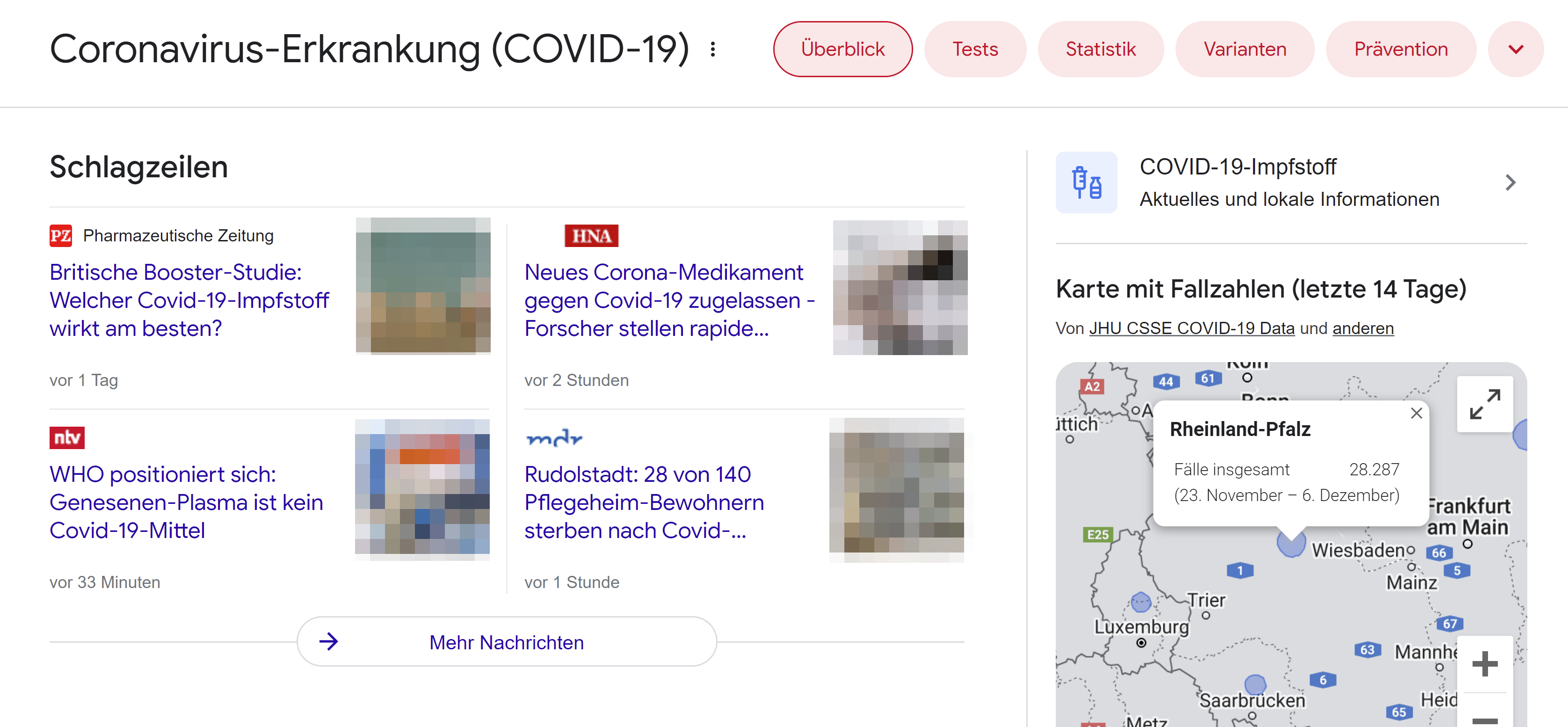 Google: geänderte Darstellung der Top Stories mit verschiedenen Stories untereinander in der Desktop-Suche - Beispiel
