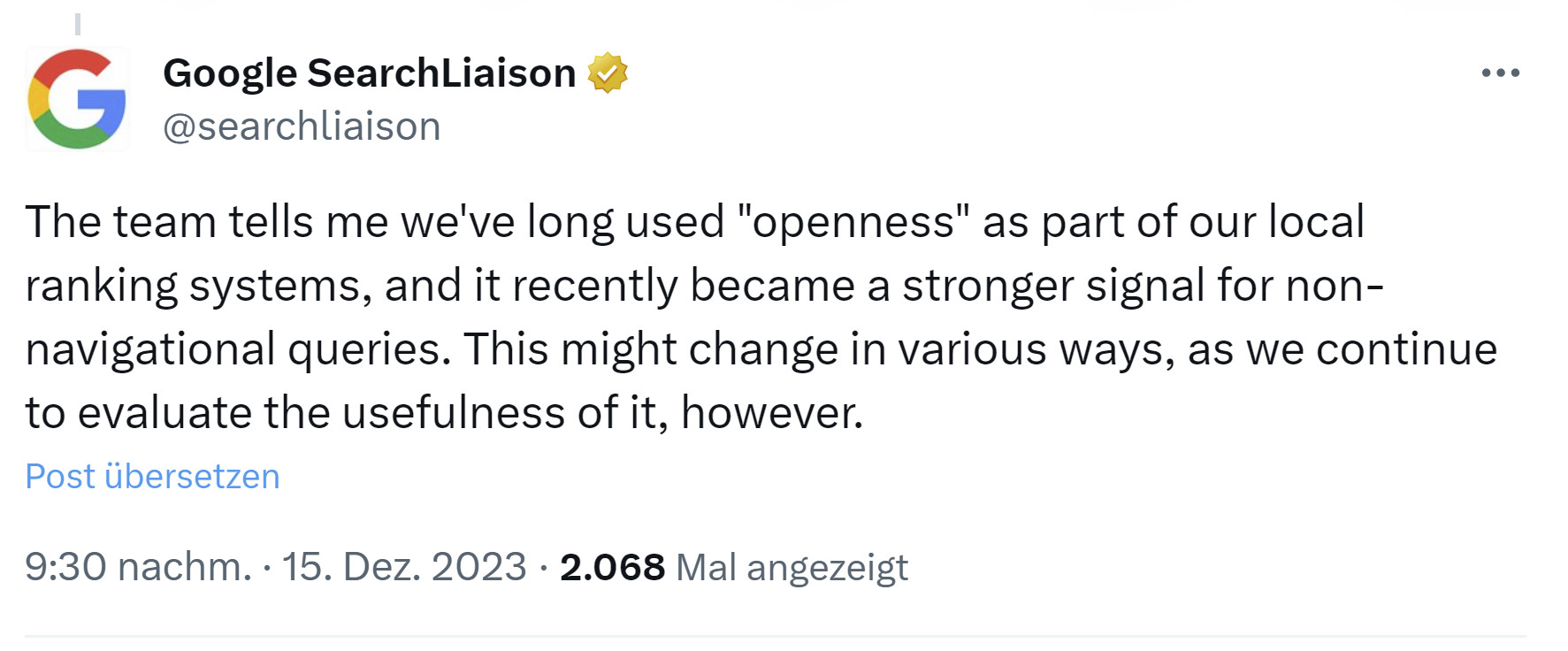 Google: Die Öffnungszeiten sind schon länger lokaler Rankingfaktor. Ihr Gewicht für nicht navigationale Suchanfragen wurde erhöht