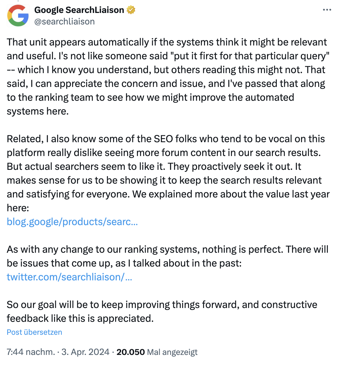Google: Discussions and Forums erscheint, wenn es relevant und hilfreich ist