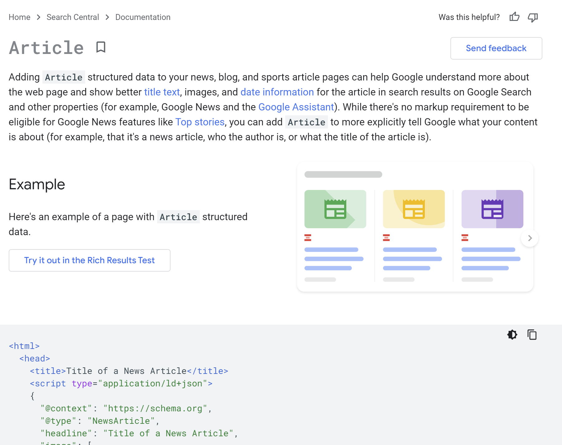 Google Doku zu Article Markup englisch