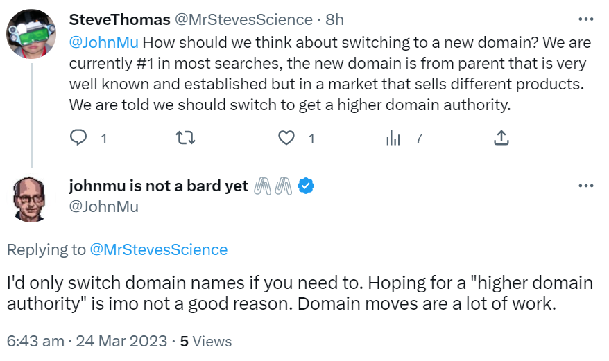 Google: kein Domainwechsel wegen höherer Domain Authority einer anderen Domain