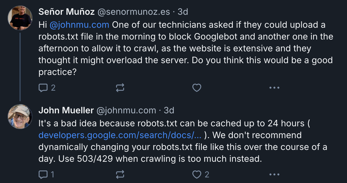 Google: dynamisches Ändern der robots.txt keine gute Idee - John Müller auf Bluesky