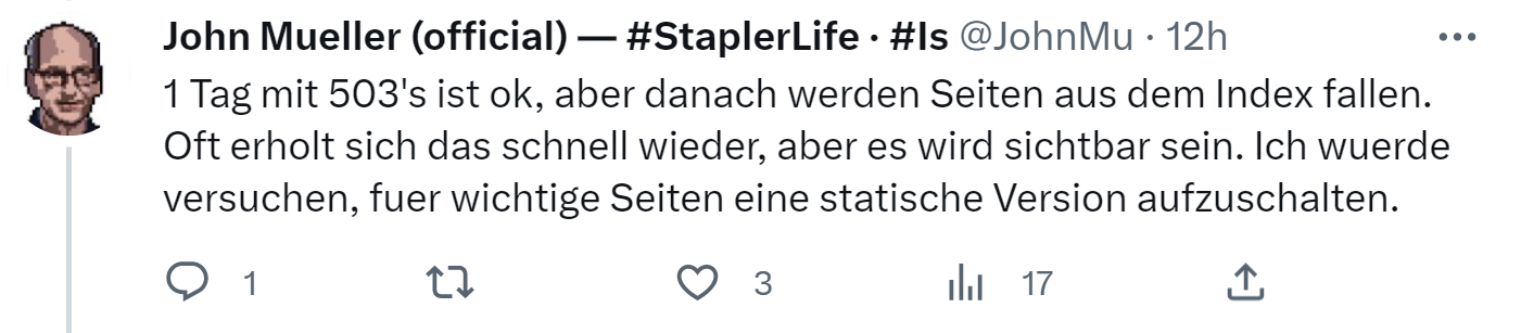 Google: Ein Tag mit Status 503 ist ok, danach werden Seiten deindexiert