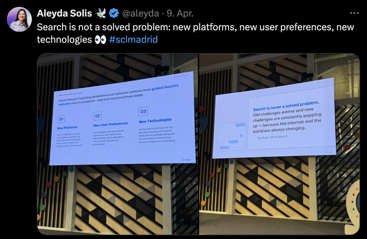 Google und die Einflussfaktoren auf die Evolution der Suche: Aleyda Solis von der Google Search Central Live in Madrid auf Twitter