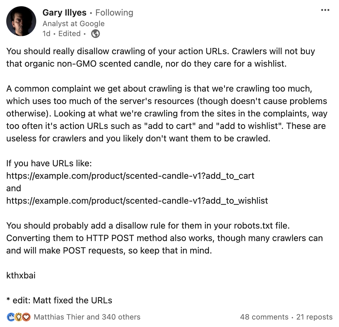 Google empfiehlt, Action URLs per robots.txt für das Crawlen zu blockieren - Gary Illyes auf LinkedIn