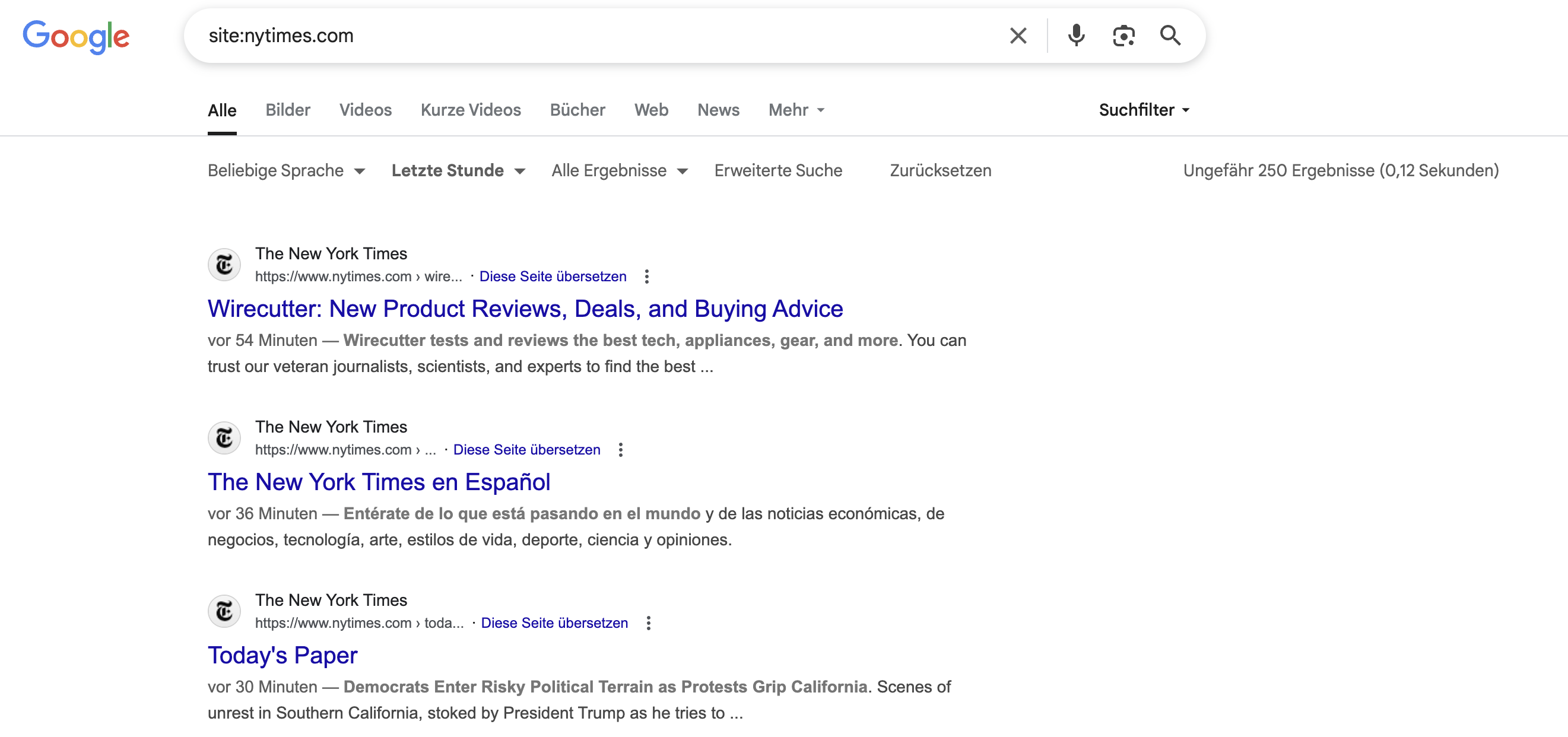 Google Ergebnisse der New York Times: letzte Stunde, Stand 13.06.25 07.10 Uhr