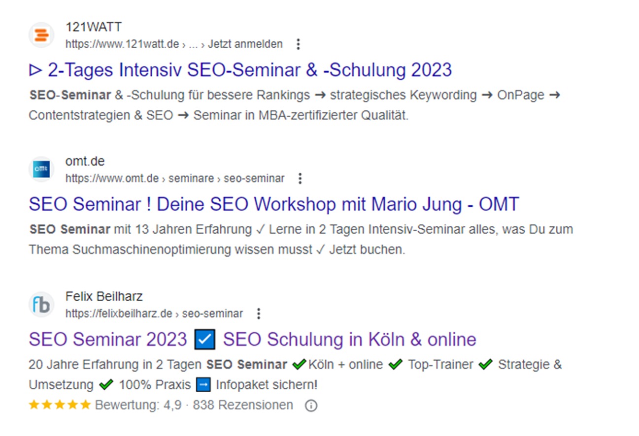 Google Ergebnisse ohne Rich Results für Events