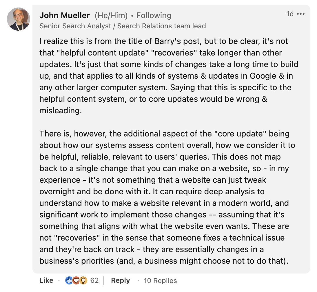 Google: Erholung nach Helpful Content Update muss nicht länger dauern