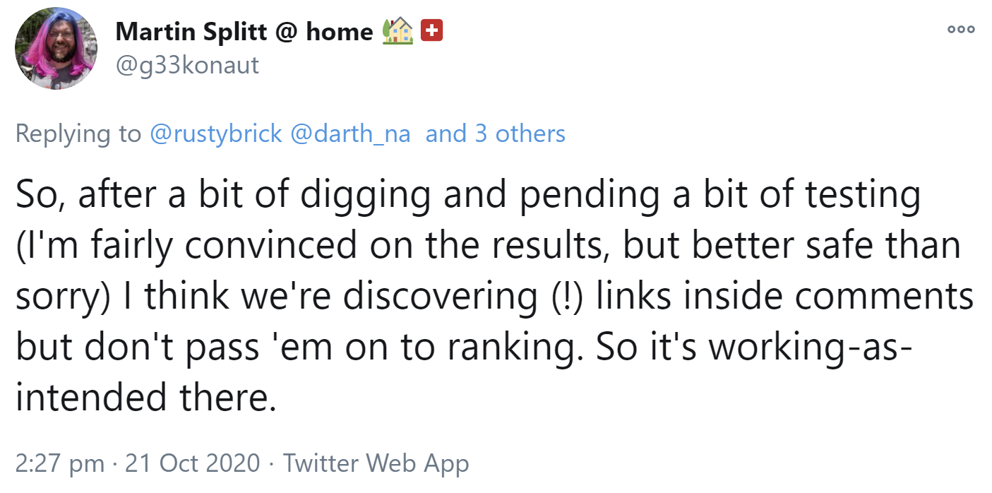 Google erkennt Links in auskommentiertem Code, nutzt sie aber nicht für die Rankings