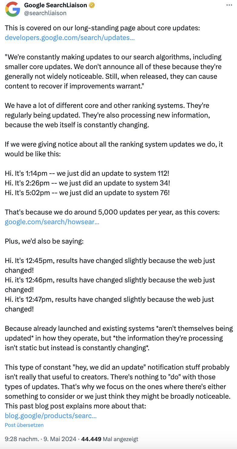 Google: 'Regelmäßige Informationen zu allen Updates wären nicht sinnvoll'
