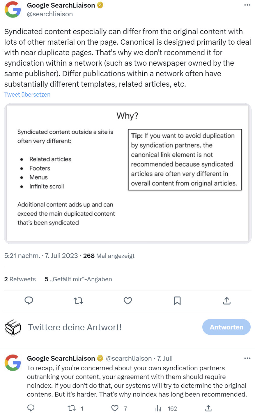 Google erklärt, warum bei syndizierten Inhalten ein 'noindex' anstatt eines Canonical-Links gesetzt werden sollte
