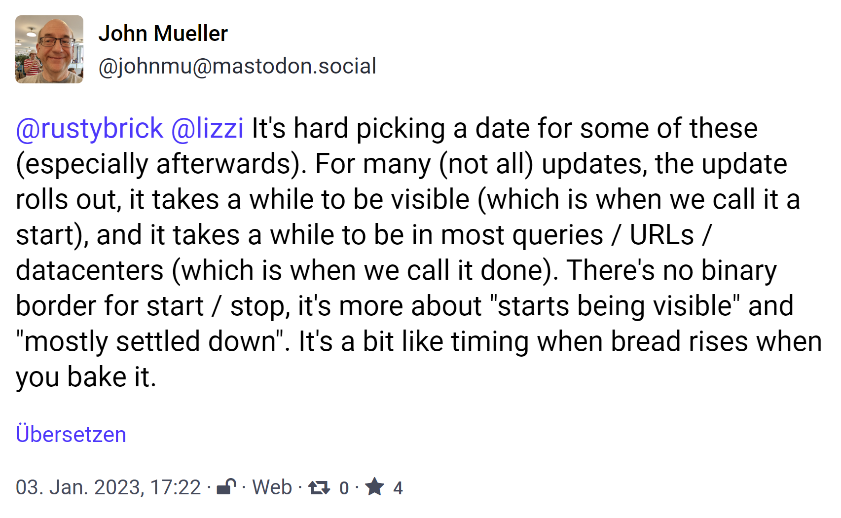 Google: Es gibt kein hartes Datum für den Beginn und das Ende von Updates - John Müller auf Mastodon