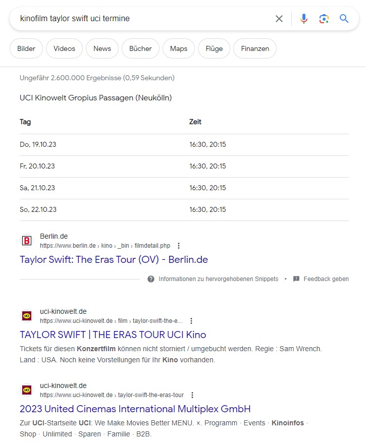 Google: Featured Snippet mit Veranstaltungsterminen